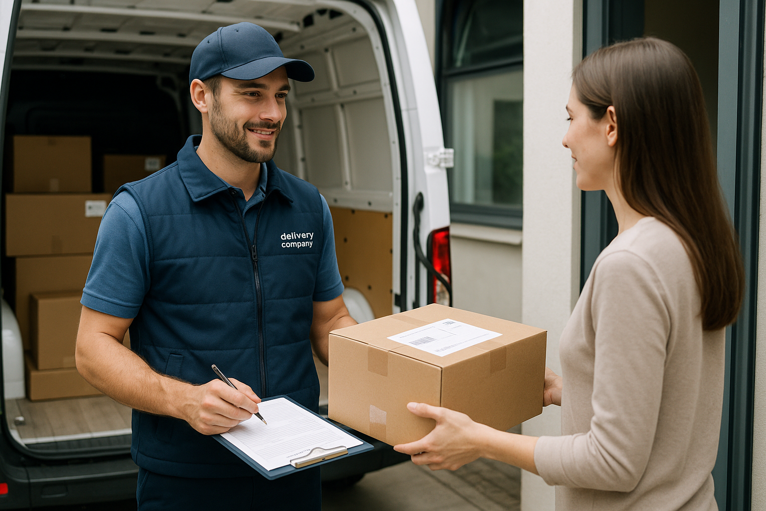 necesito una imagen de una persona entregando un pedido asi como si fuera de logistica y que se vea organizado 