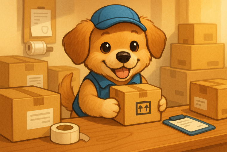 un perrito amigable despachando un pedido 